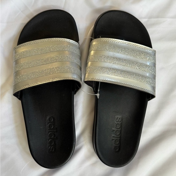 Adidas | Adilette Comfort Slide | Black and Glittery Silver Sandals | Size 5 - Picture 1 of 5